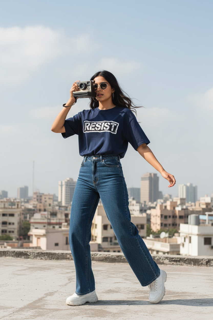 RESIST Graphic Tee - Navy Blue - Female Model Karachi Rooftop