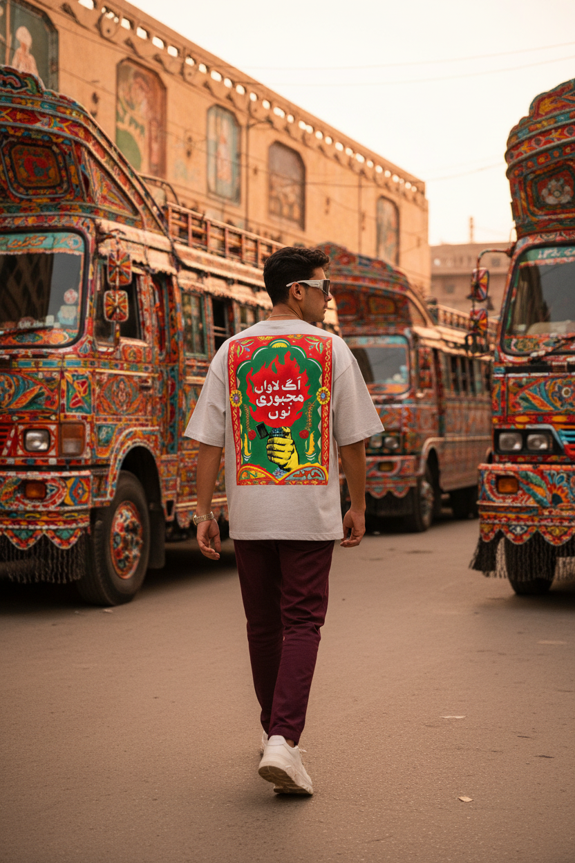 Light Grey Truck Art Graphic Tee — Model Shot
