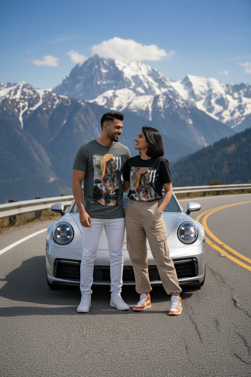Dark Grey T-Shirt - Mountain Background Silver Porsche 911