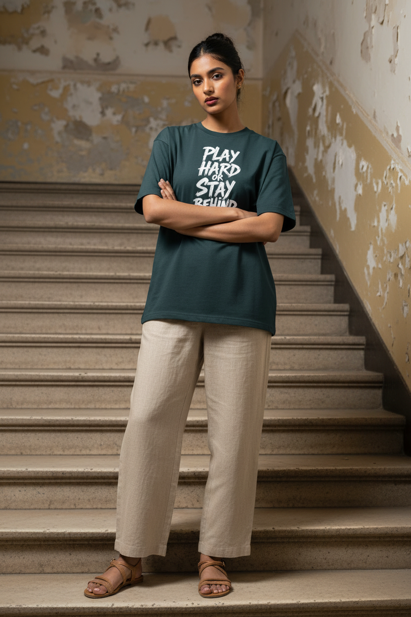Play Hard or Stay Behind dark teal women's oversized drop-shoulder tee