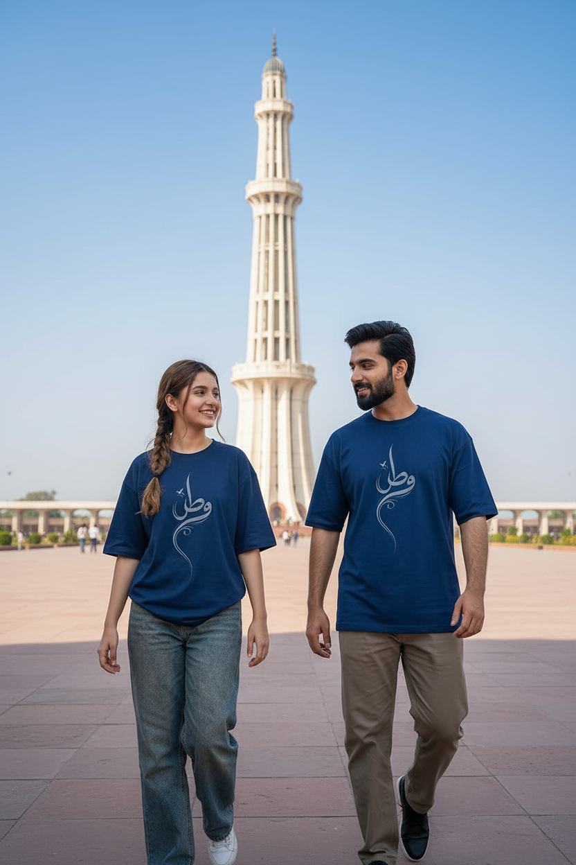Watan Tee - Navy Blue - Pakistani models at Minar-e-Pakistan daylight