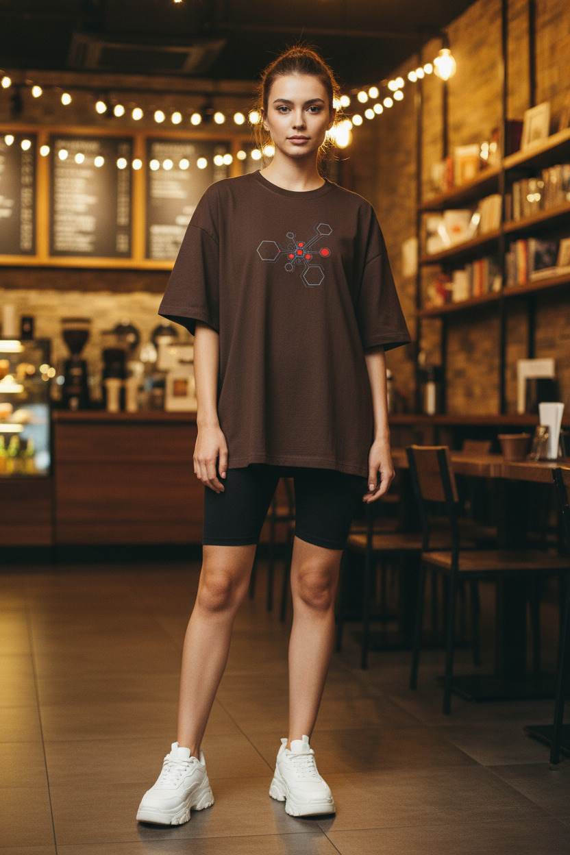Woman wearing Dark Coffee Brown Hexnode Circuit Tee in coffee shop