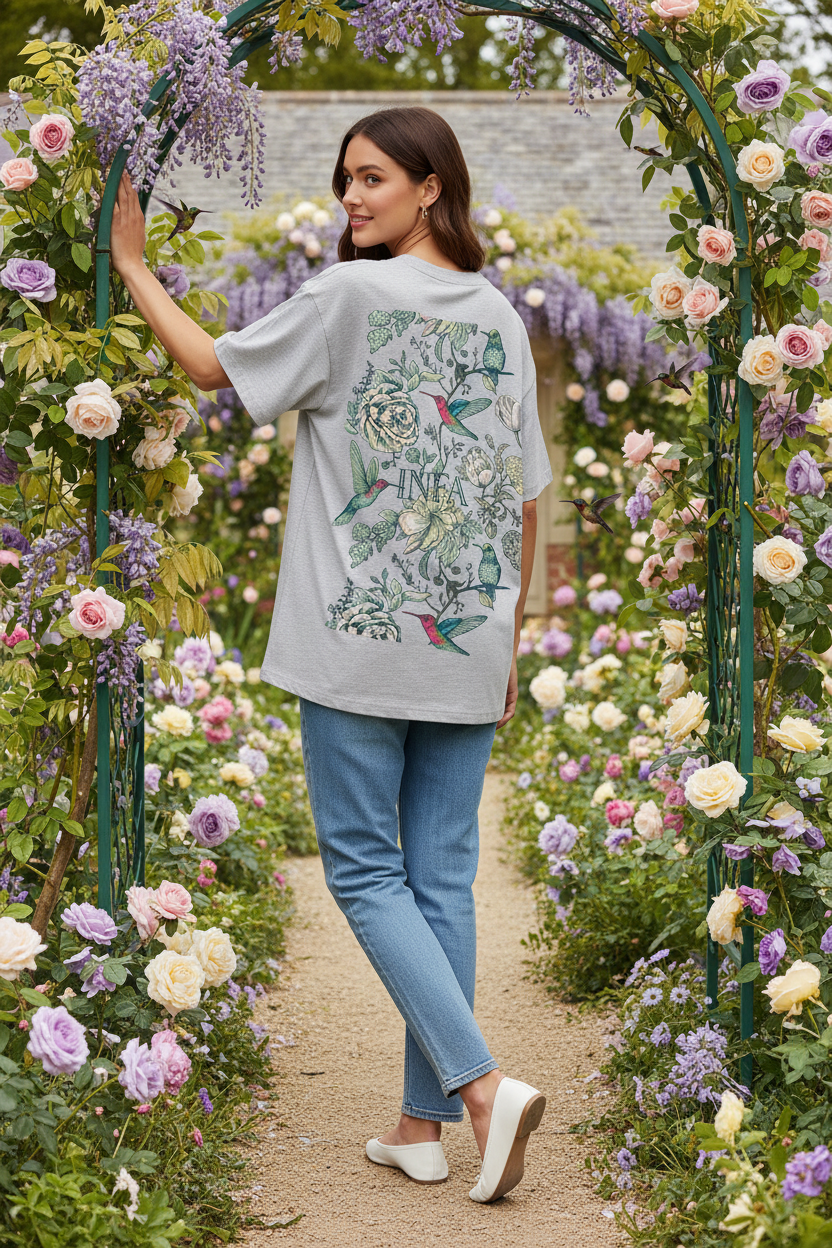 Female model showing back of light grey INFA botanical drop shoulder tee in French cottage garden