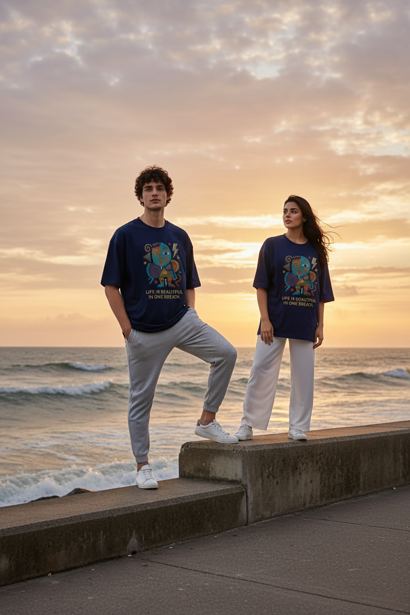 Navy Blue oversized drop shoulder tee – seaside sunset