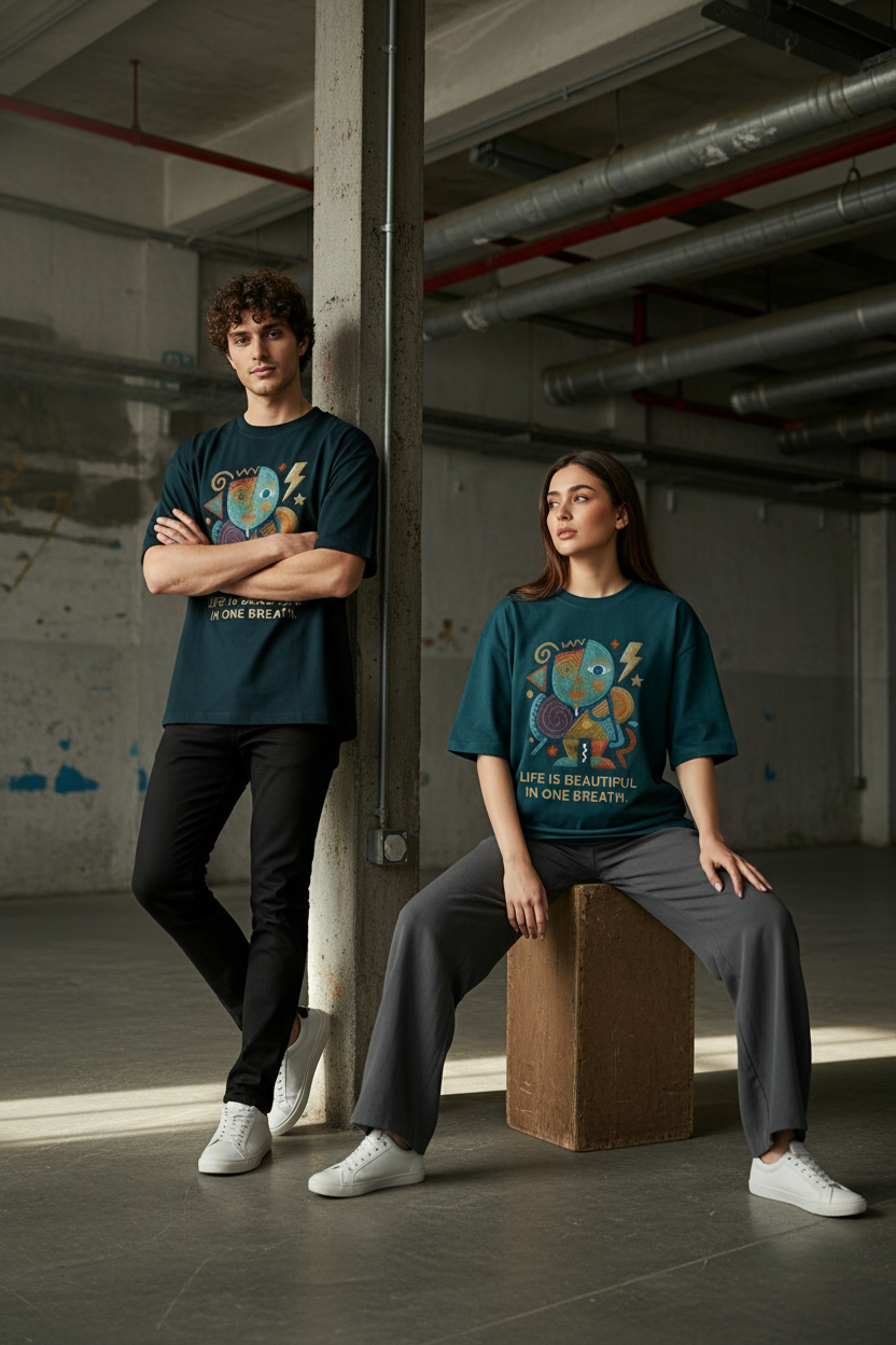 Dark Teal oversized drop shoulder tee – industrial warehouse