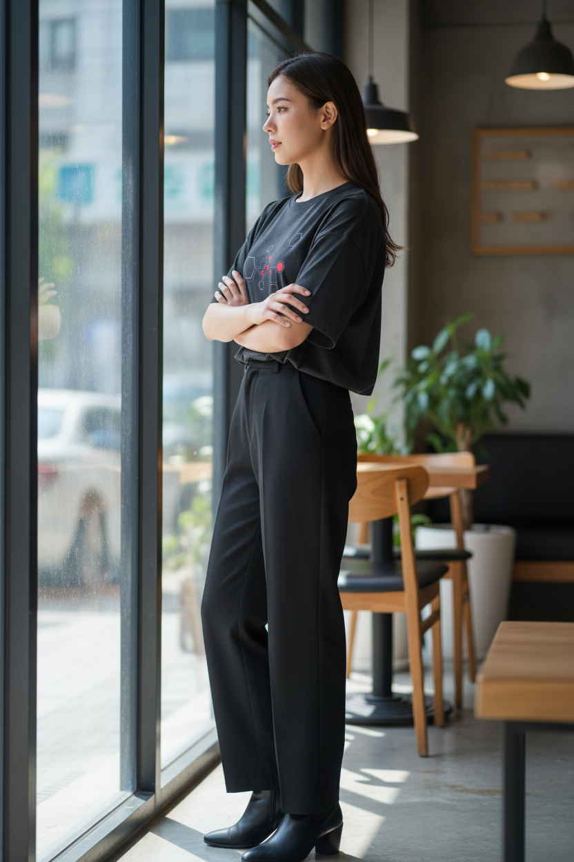 Woman wearing Dark Grey Hexnode Circuit Tee in coffee shop