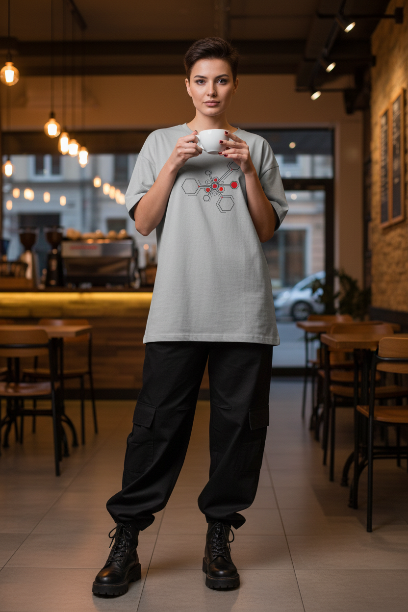 Woman wearing Light Grey Hexnode Circuit Tee – center print – coffee shop