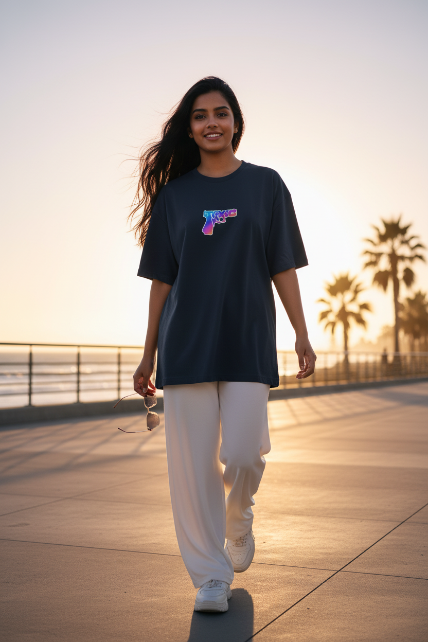 TOXIC Tee - Navy Blue - Female Model Coastal