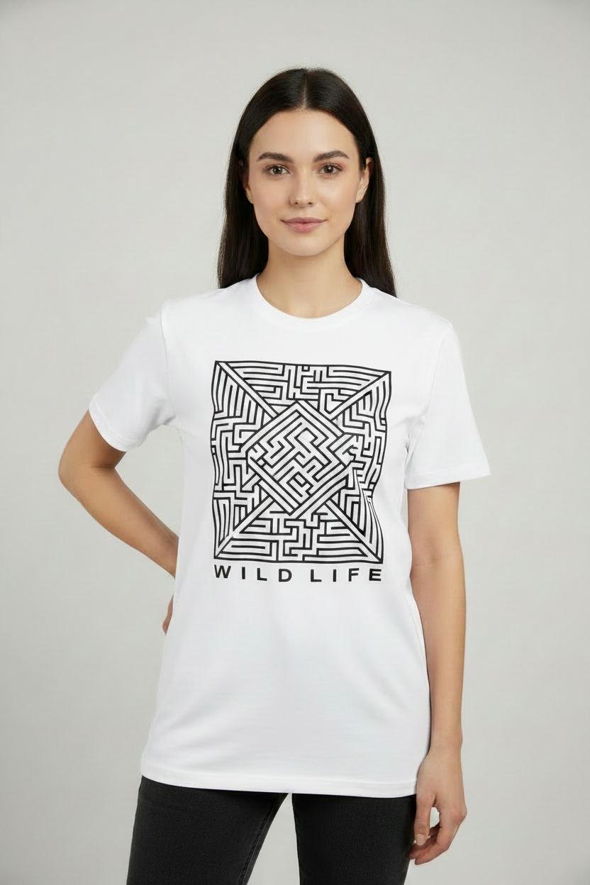 White t-shirt with black Wild Life geometric print