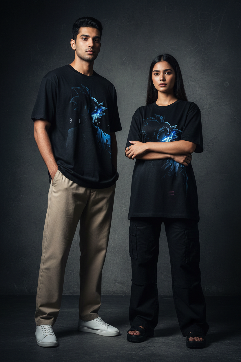 Pakistani male and female models wearing Goku Black graphic tee