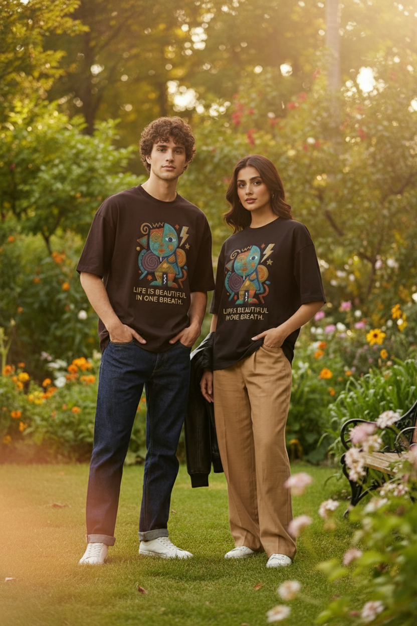 Chocolate Brown oversized drop shoulder tee – green garden