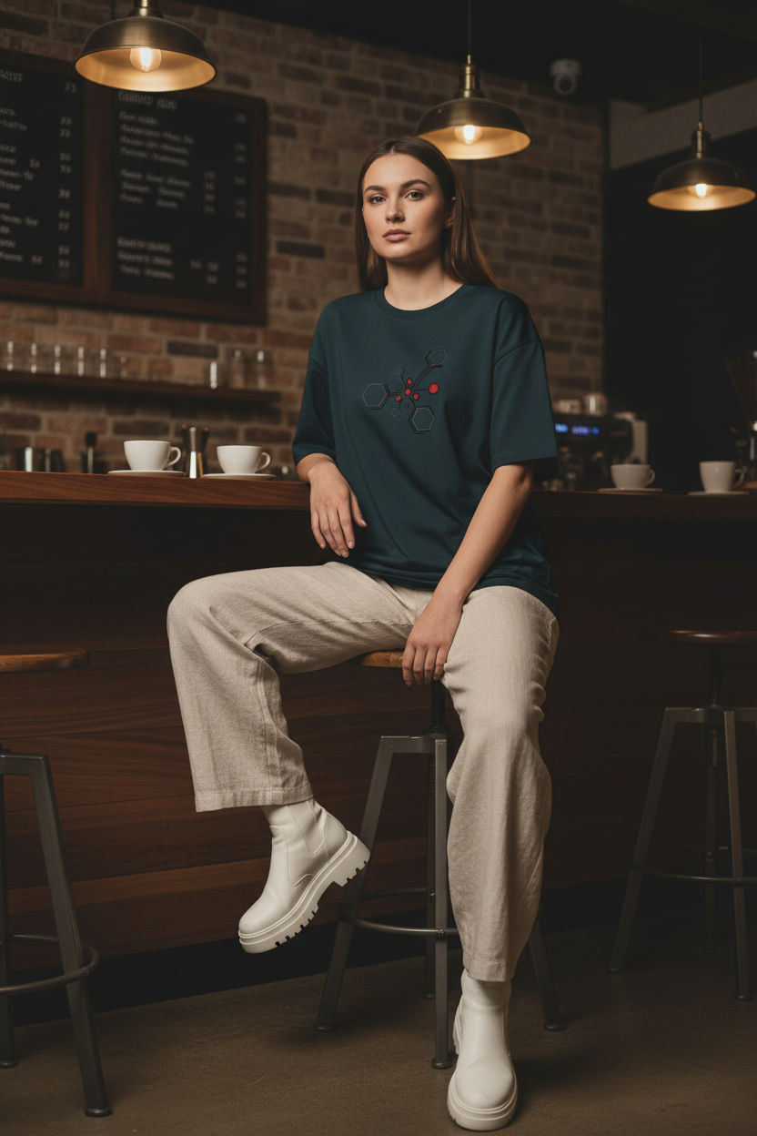 Woman wearing Dark Teal Hexnode Circuit Tee in coffee shop
