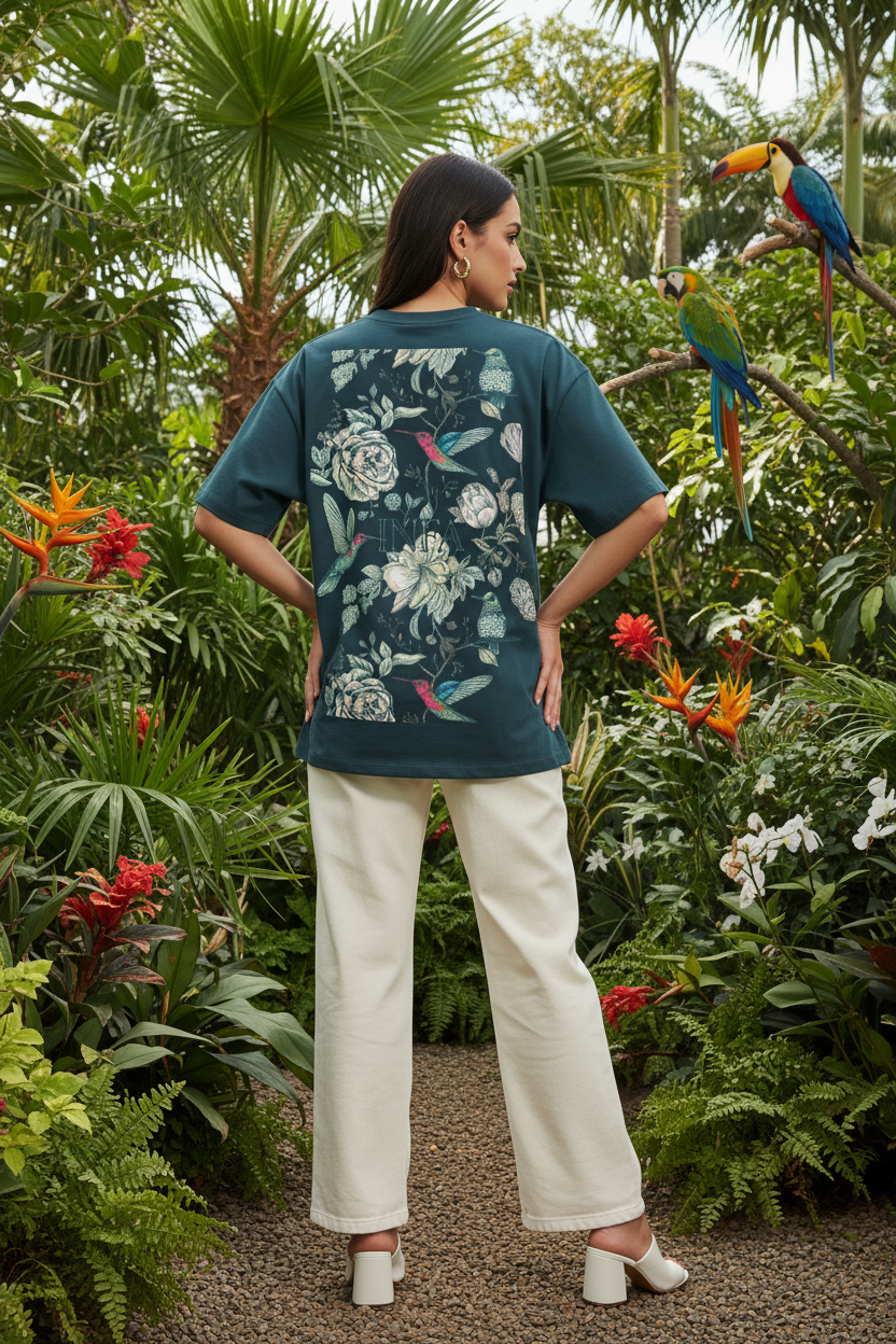 Female model showing back of dark teal INFA botanical drop shoulder tee in tropical garden