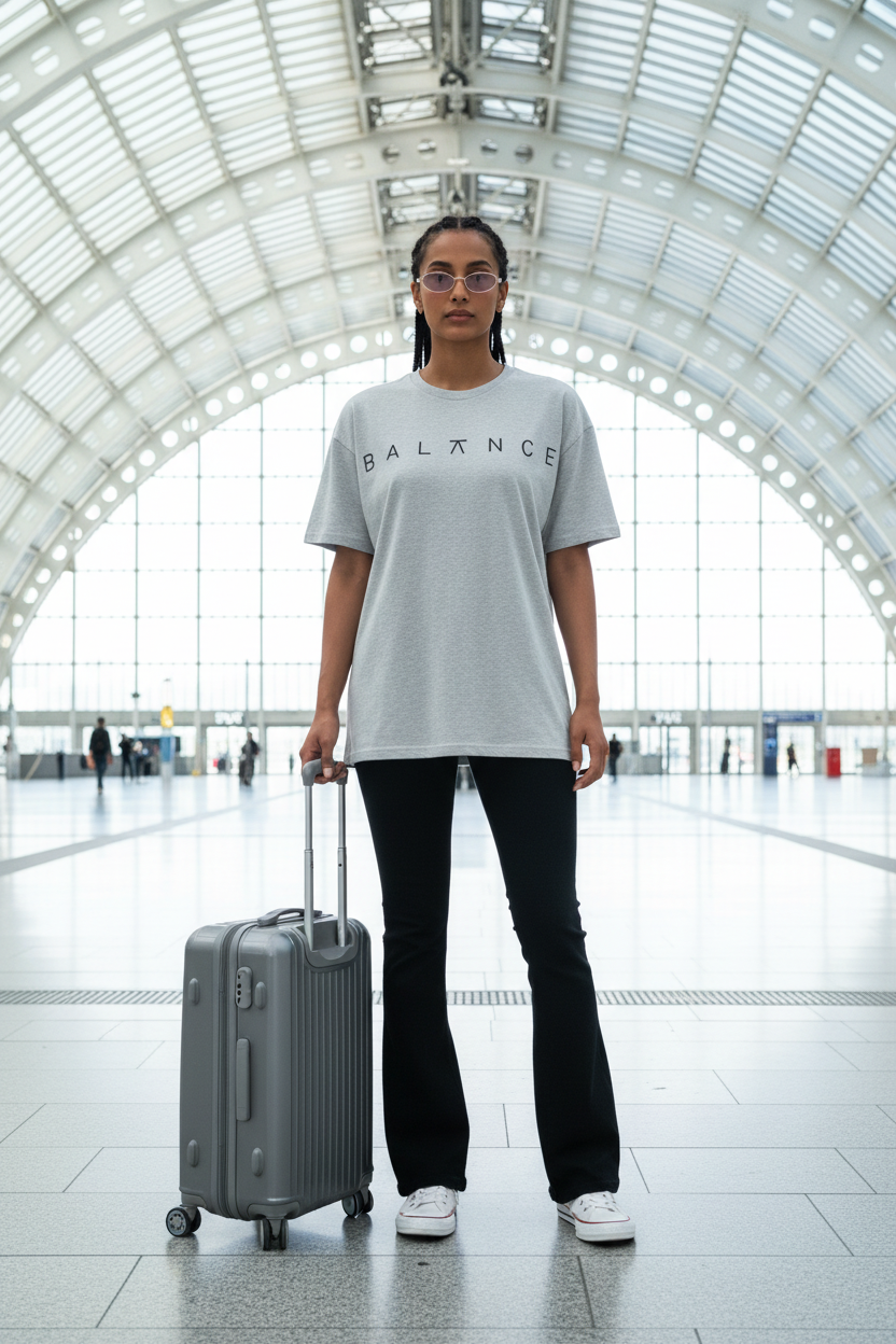 Female model wearing light grey BALANCE women's oversize tee at Liège-Guillemins station Belgium