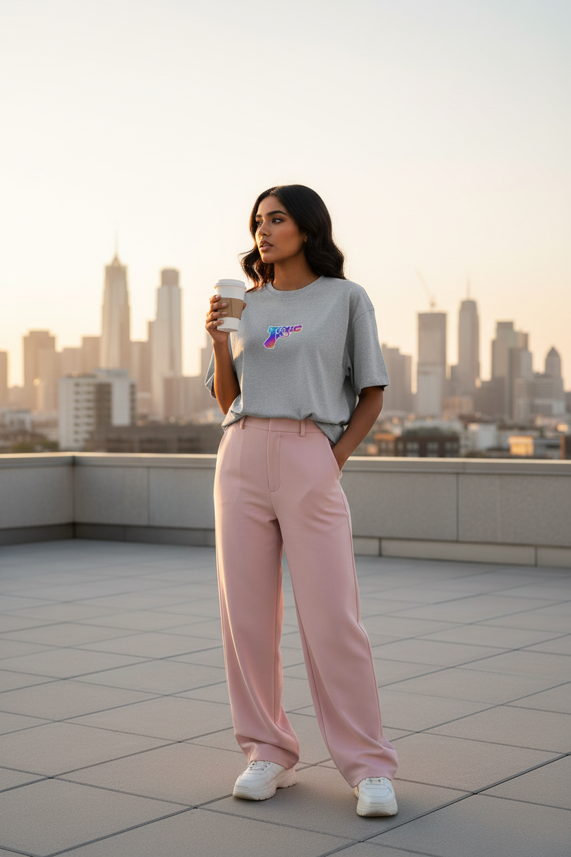 TOXIC Tee - Light Grey - Female Model Rooftop