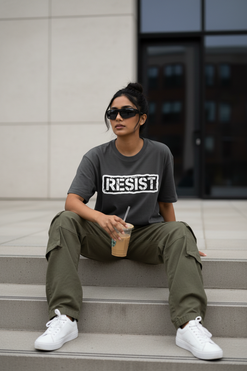 RESIST Graphic Tee - Charcoal Grey - Female Model Building Steps