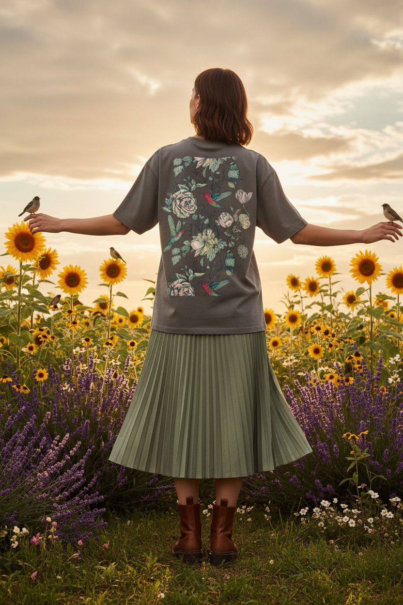 Female model showing back of medium grey INFA botanical drop shoulder tee in wildflower meadow