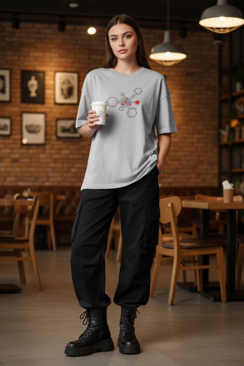 Woman wearing Light Grey Hexnode Circuit Tee in coffee shop