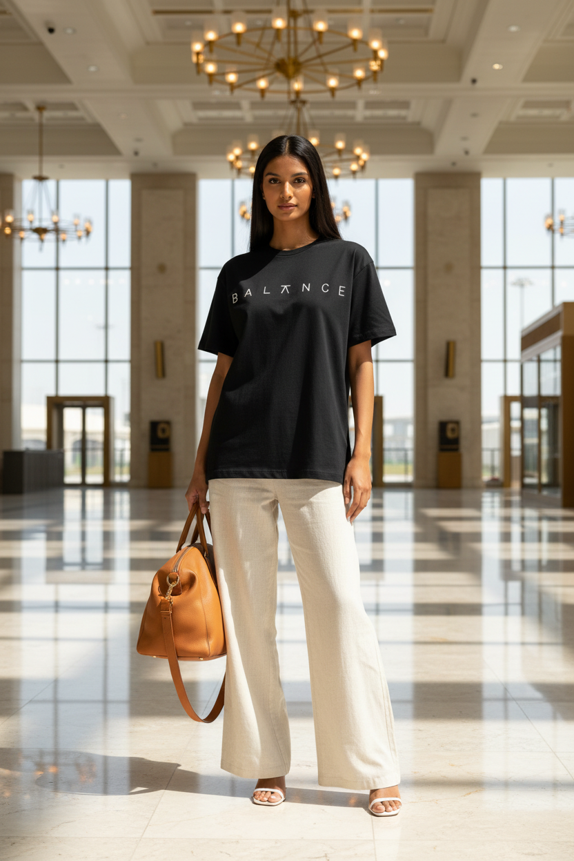 Female model wearing black BALANCE women's oversize tee at Abu Dhabi luxury train station