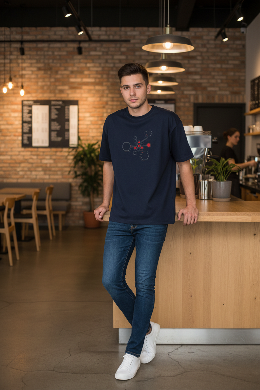 Man wearing Navy Blue Hexnode Circuit Tee in coffee shop