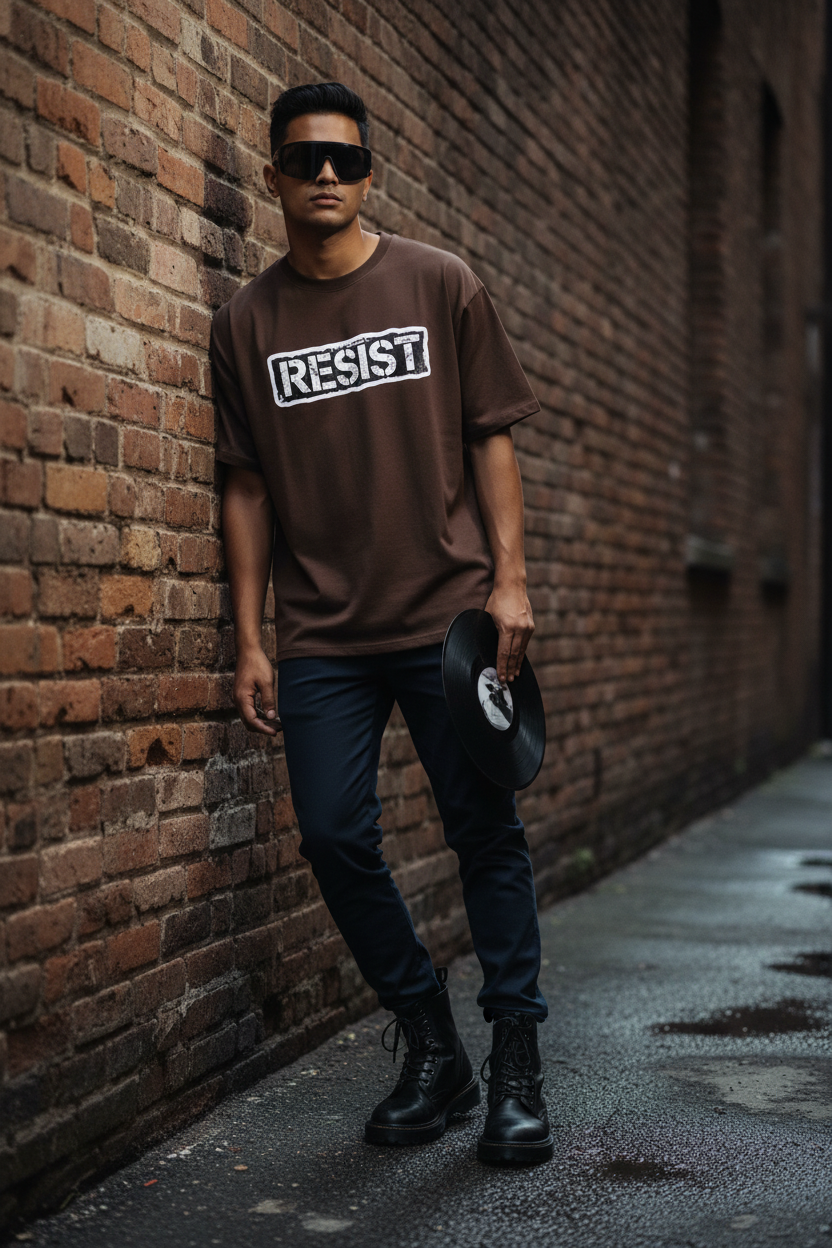 RESIST Graphic Tee - Dark Brown - Male Model Brick Alleyway