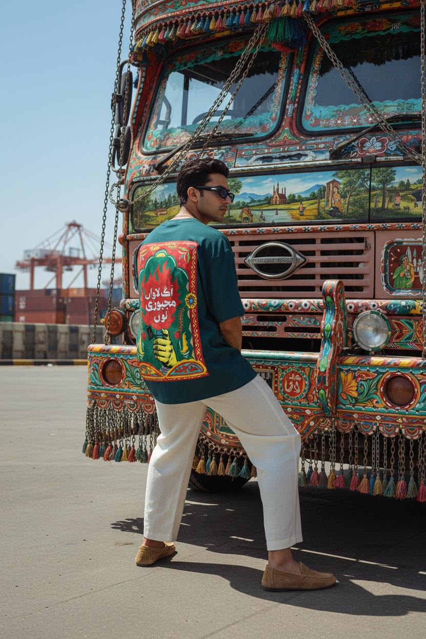 Dark Teal Truck Art Graphic Tee — Model Shot