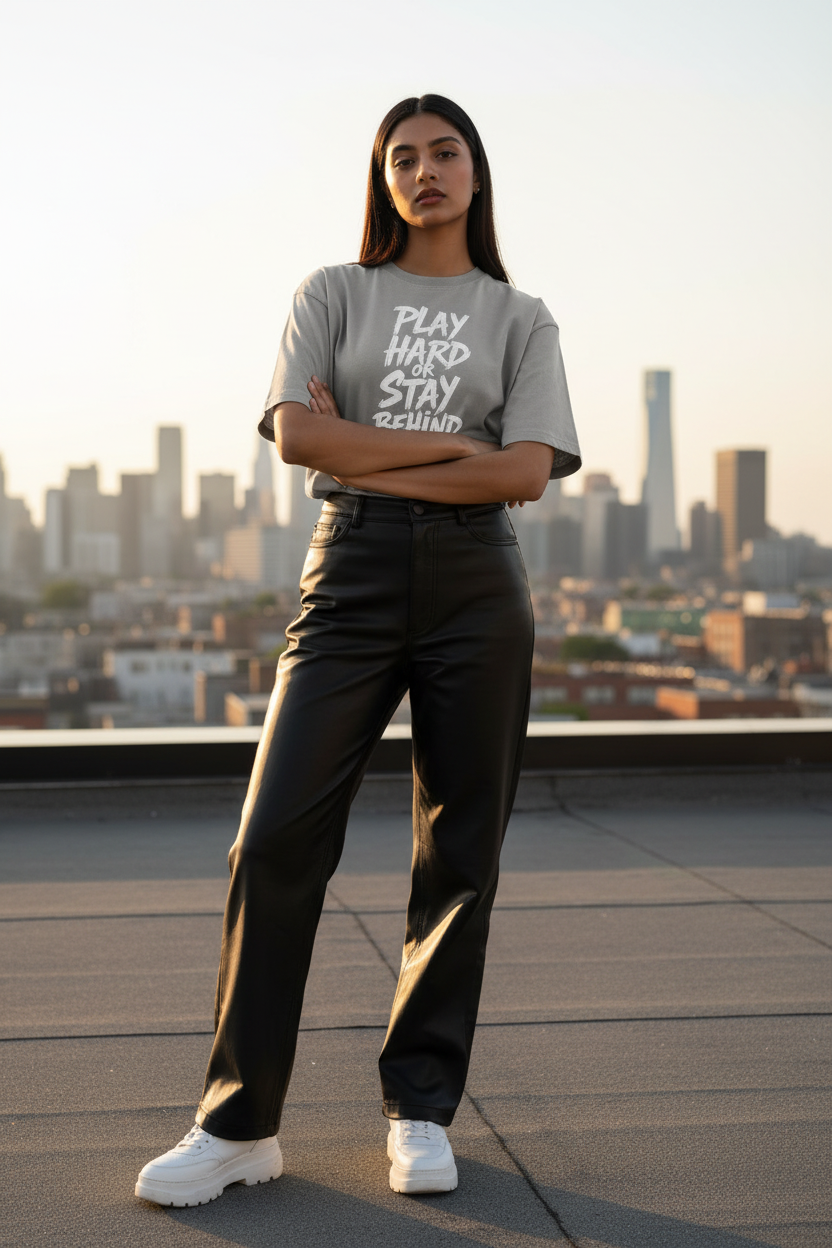 Play Hard or Stay Behind light grey women's oversized drop-shoulder tee