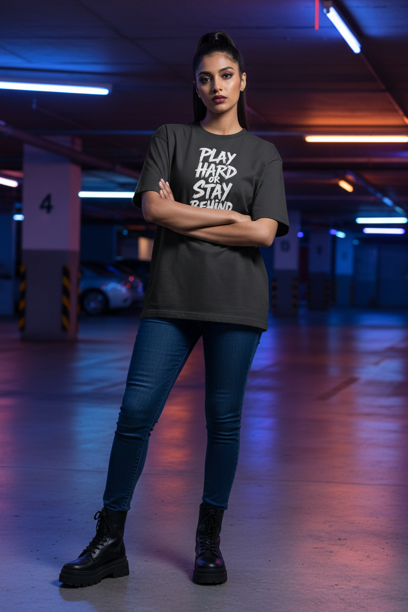 Play Hard or Stay Behind black women's oversized drop-shoulder tee