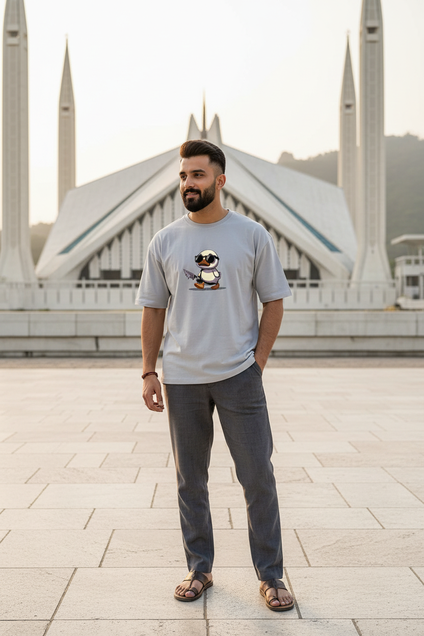 Penguin Oversized Drop Shoulder Tee - Light Silver Grey