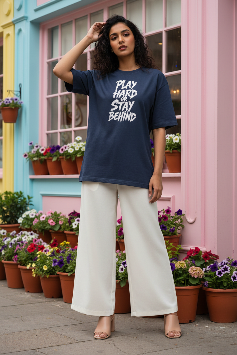 Play Hard or Stay Behind navy blue women's oversized drop-shoulder tee
