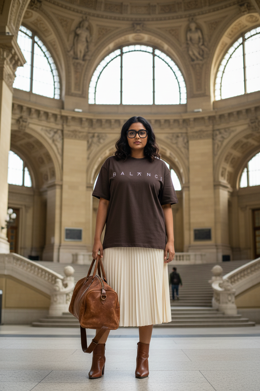 Female model wearing dark coffee brown BALANCE women's oversize tee at Antwerp Central Station