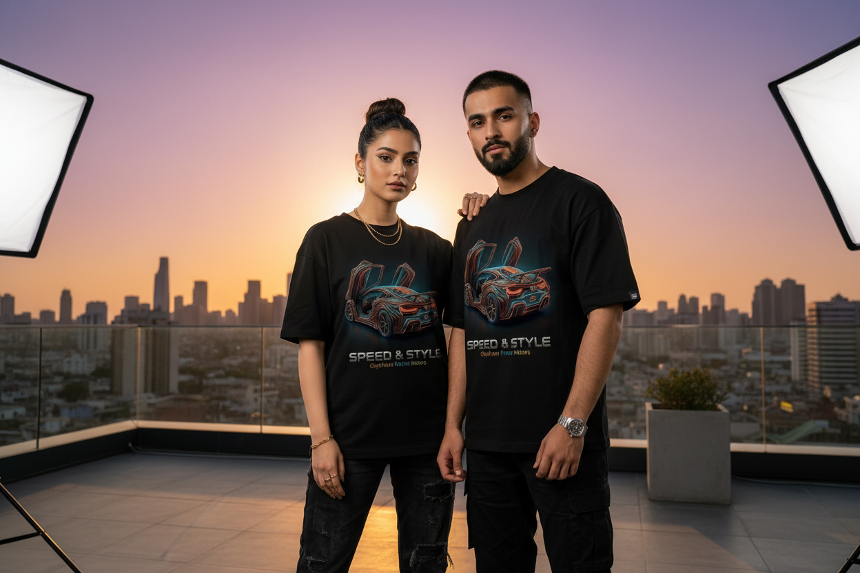 Speed & Style oversized drop shoulder tee in Black worn by Pakistani male and female models