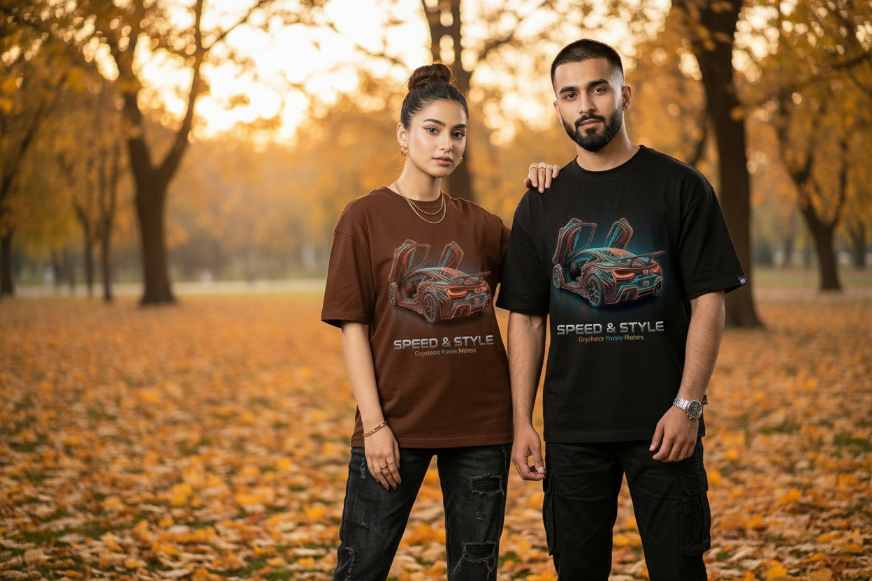 Speed & Style oversized drop shoulder tee in Chocolate Brown worn by Pakistani male and female models