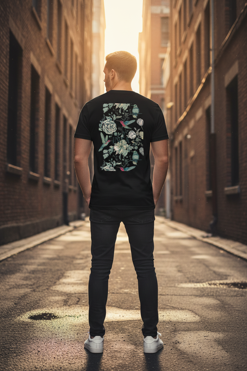 Male model showing back of black INFA botanical drop shoulder tee in urban alleyway