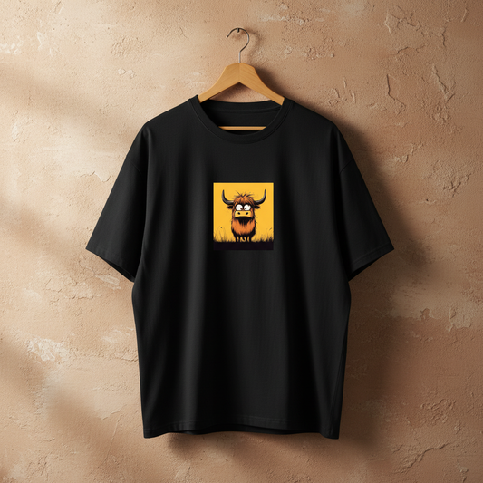 Black Oversized Drop-Shoulder Tee with Highland Cow Graphic Print