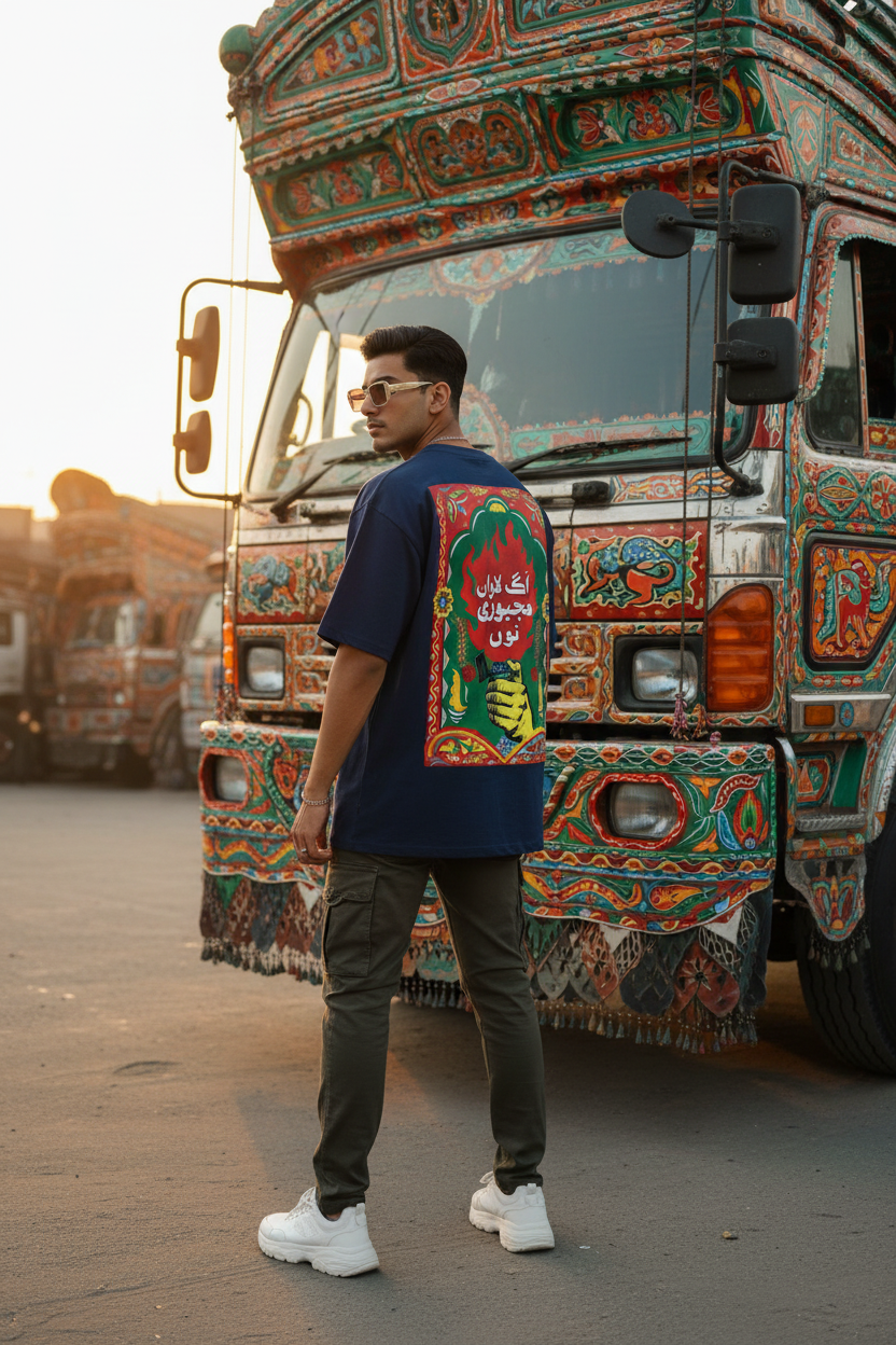Navy Truck Art Graphic Tee — Model Shot