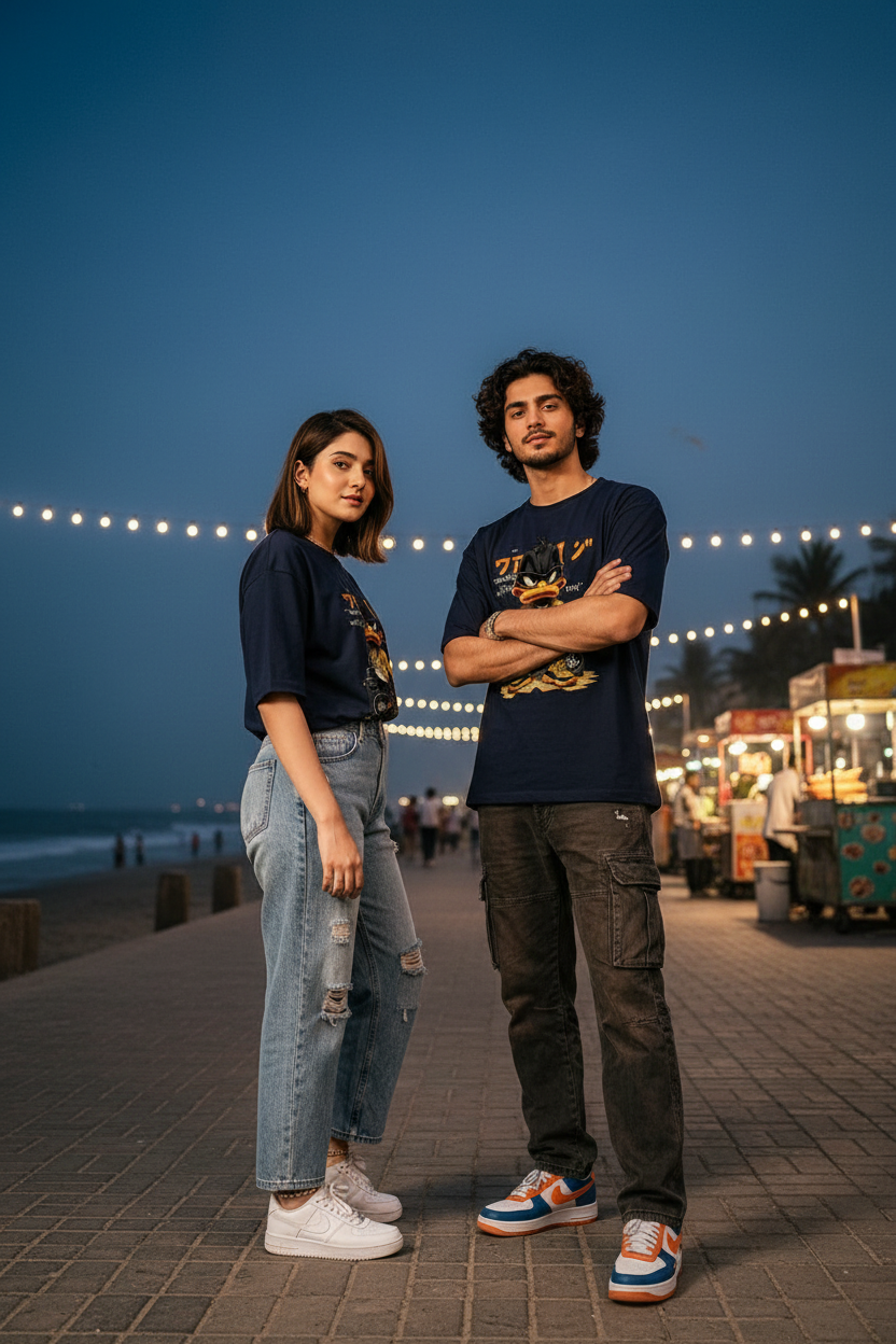 Jet Black Duck Streetwear Tee - Clifton Beach Karachi Night