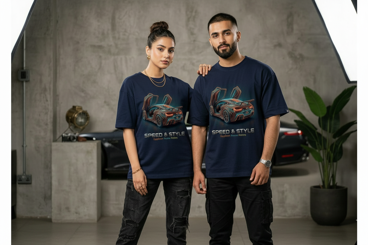 Speed & Style oversized drop shoulder tee in Navy Blue worn by Pakistani male and female models