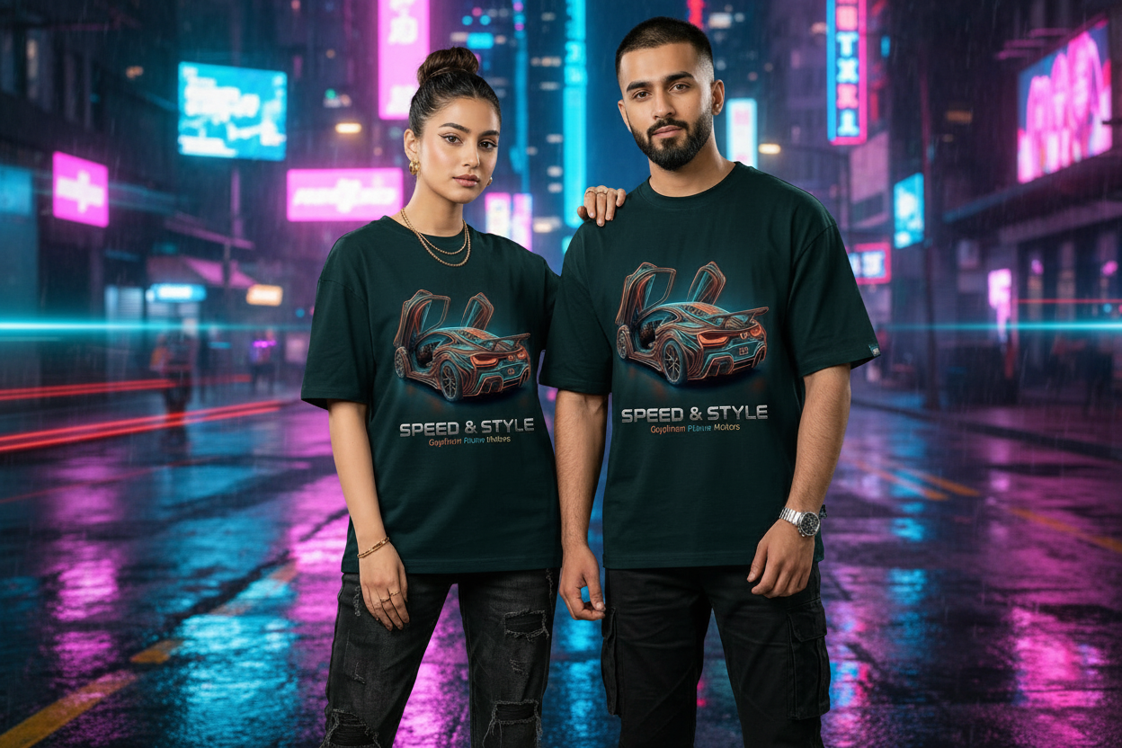Speed & Style oversized drop shoulder tee in Dark Teal worn by Pakistani male and female models