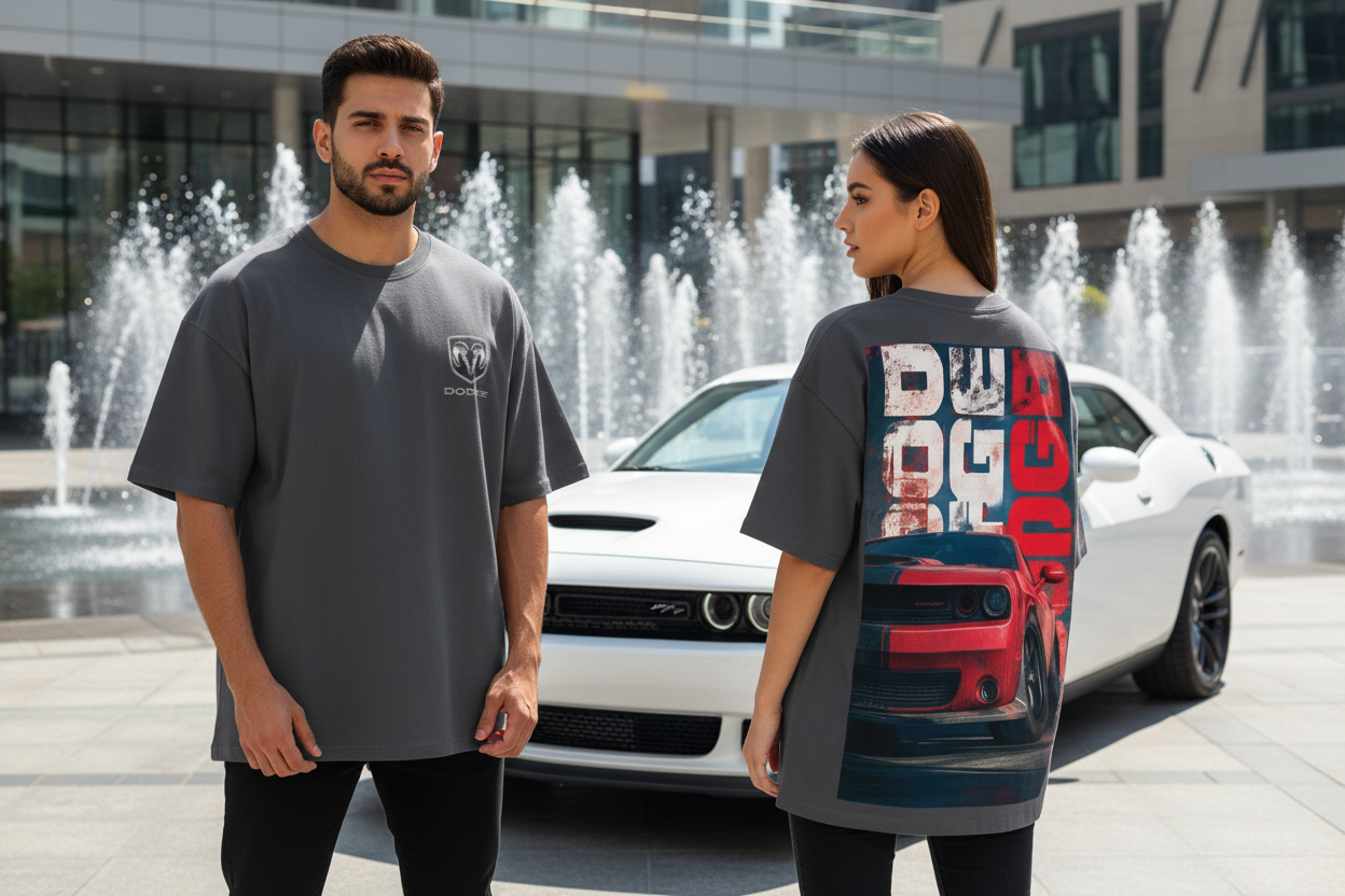 Medium dark grey oversized drop shoulder Dodge tee, Pakistani models, city plaza scene