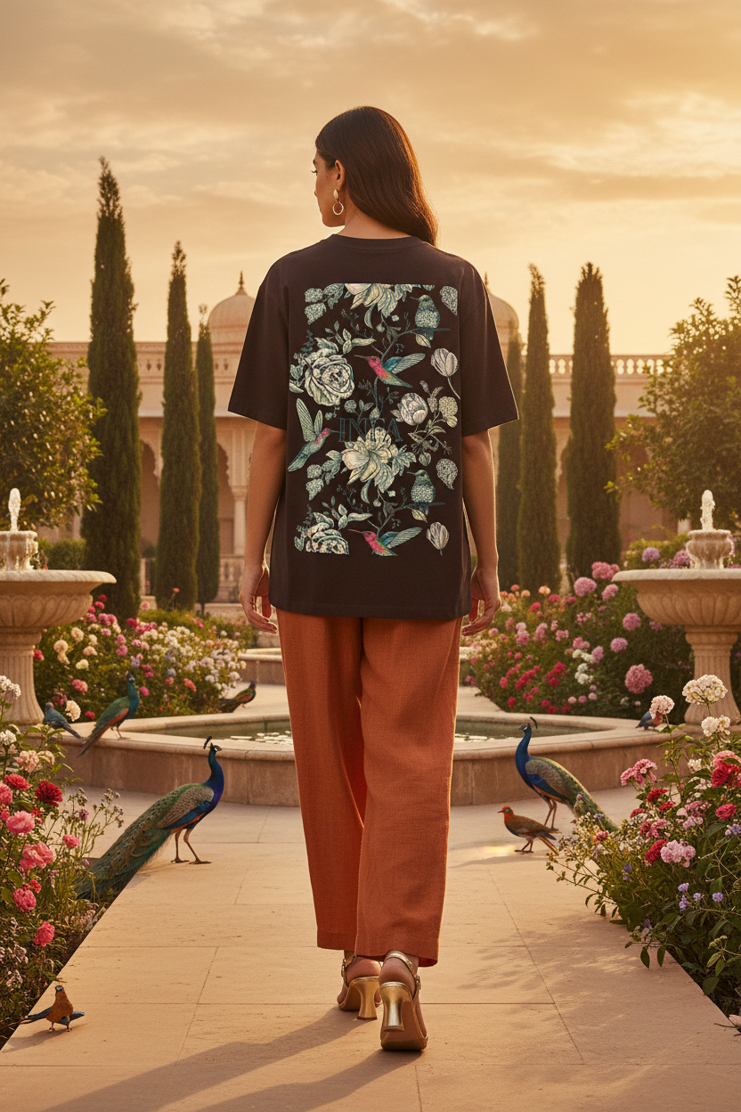 Female model showing back of dark coffee brown INFA botanical drop shoulder tee in Mughal garden