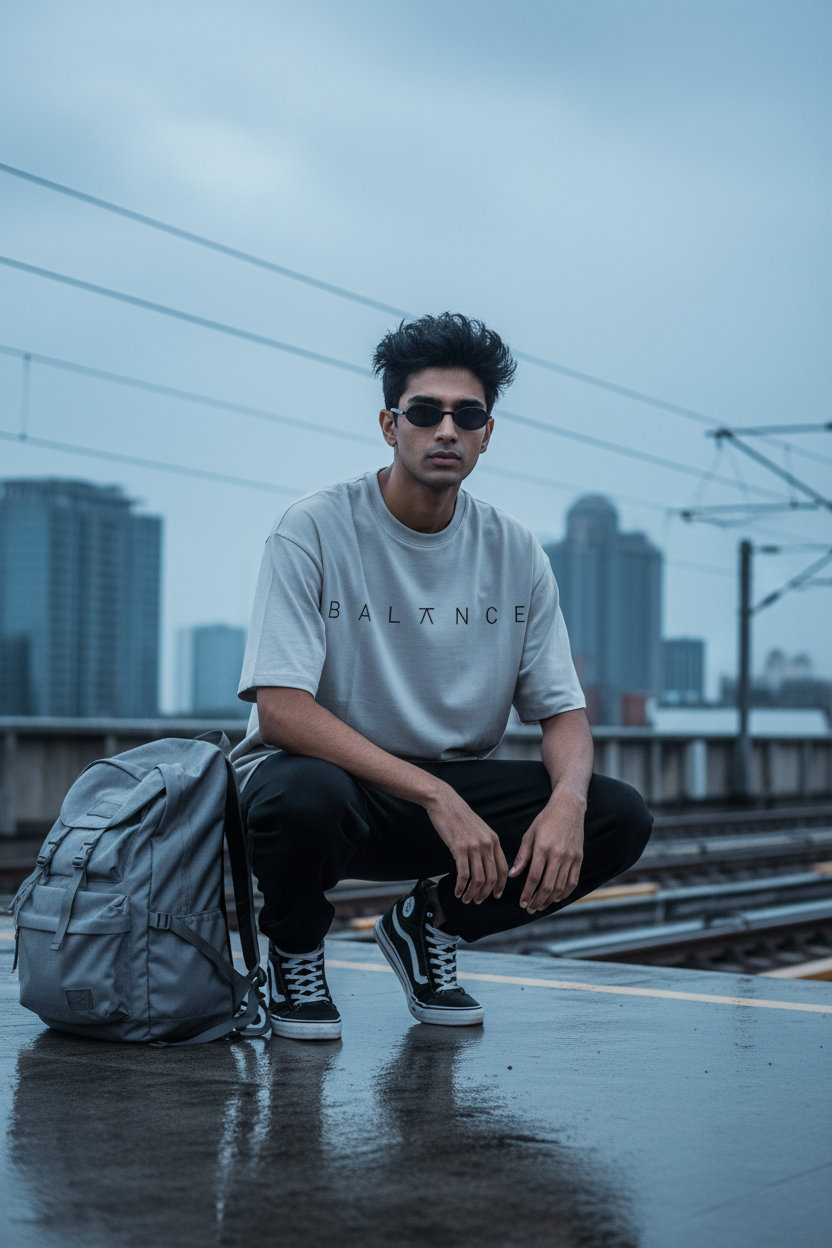 Male model wearing light grey BALANCE mid oversize drop shoulder tee at rooftop metro platform