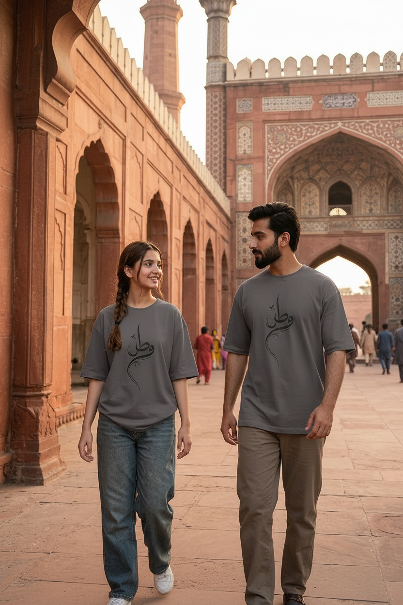 Watan Tee - Charcoal Grey - Pakistani models at Wazir Khan Mosque daylight