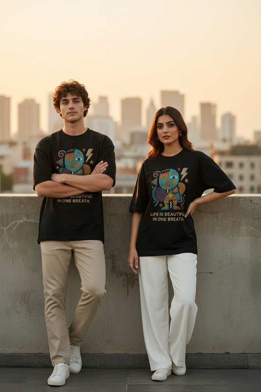 Black oversized drop shoulder tee – rooftop golden hour