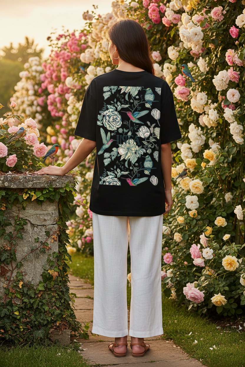 Female model showing back of black INFA botanical drop shoulder tee in English rose garden