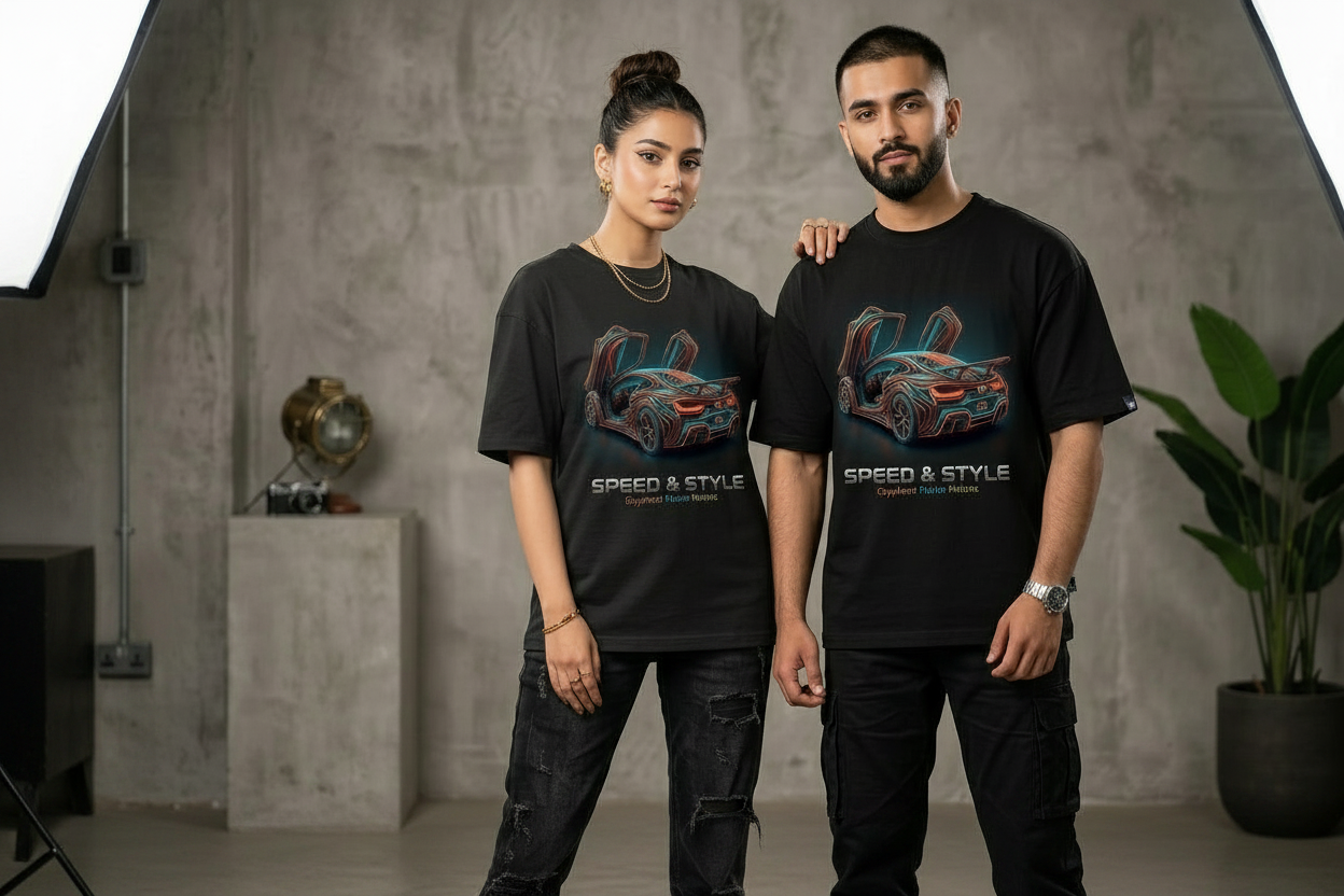 Speed & Style oversized drop shoulder tee in Charcoal worn by Pakistani male and female models