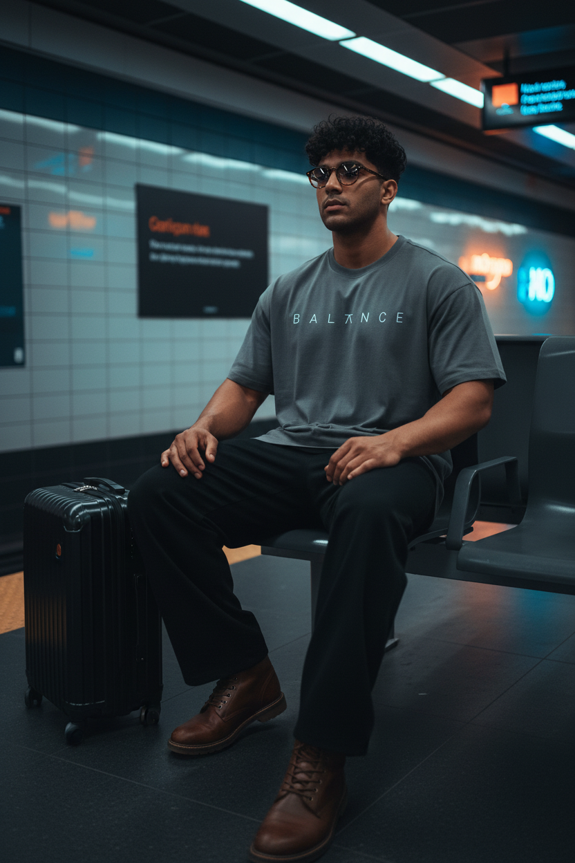 Male model wearing charcoal grey BALANCE mid oversize drop shoulder tee at underground metro