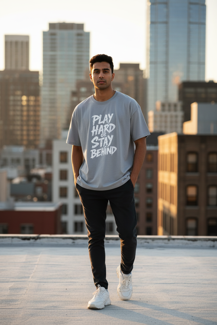 Play Hard or Stay Behind light grey oversized drop-shoulder tee on male model