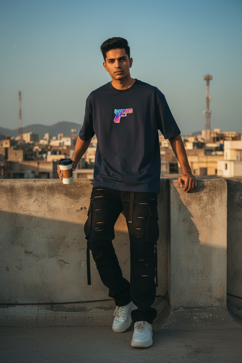 TOXIC Tee - Navy Blue - Model Shot Rooftop