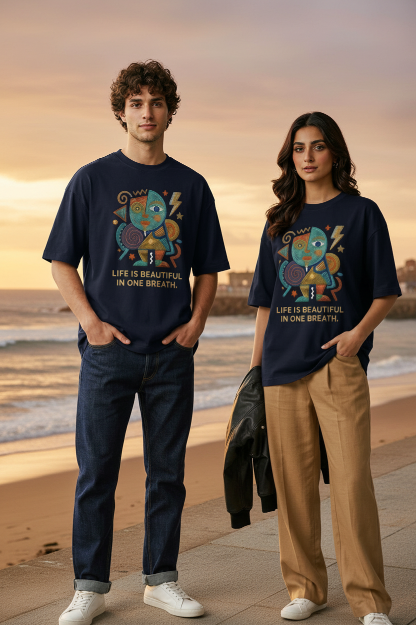 Navy Blue oversized drop shoulder tee – seaside sunset